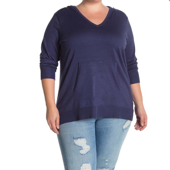 Cyrus Navy Hooded V Neck Pullover Hoodie Sweater - Picture 1 of 2